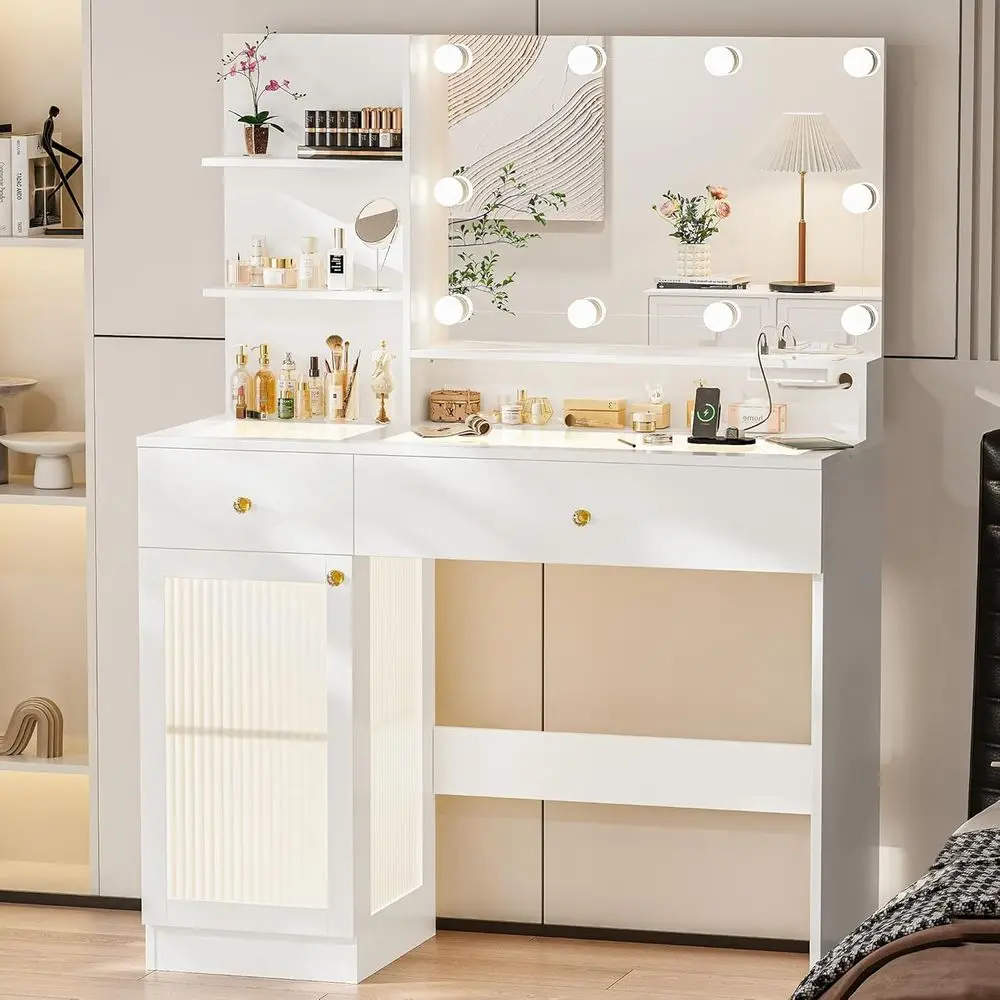 INNOD 40" Vanity Desk with Large Mirror and Lights, ern Glass Top Makeup Vanity Set with Power Outlet, Ders and Cabinet, 3 Light
INNOD 40" Vanity Desk with Large Mirror and Lights, ern Glass Top Makeup Vanity Set with Power Outlet, Ders and Cabinet, 3 Light
