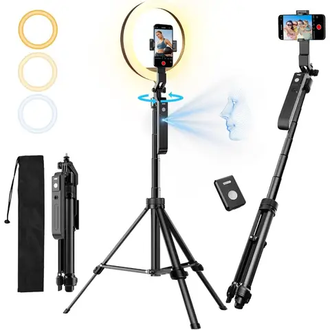 Upgraded Auto Face Tracking Tripod 360 Rotation with Stand 10 RGB Ring Light Phone Tripod Selfie Stick with Remote and Gesture