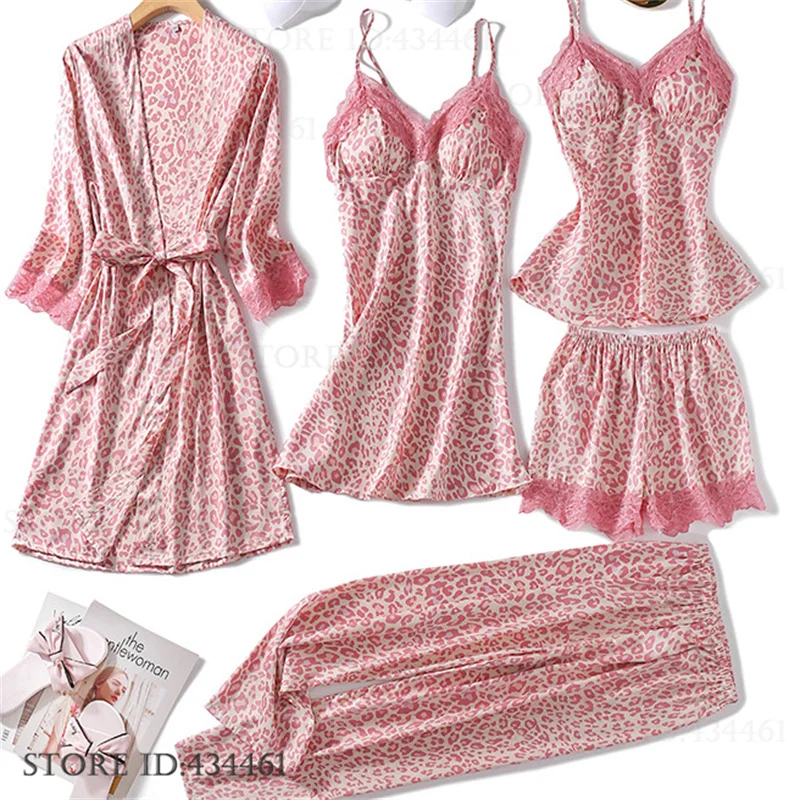 Female 5PCS Robe Pajamas Set Spring Summer Sleepwear Lounge Wear Sexy Lace Leopard Nightgown Lingerie Silk Satin Loungewear
Female 5PCS Robe Pajamas Set Spring Summer Sleepwear Lounge Wear Sexy Lace Leopard Nightgown Lingerie Silk Satin Loungewear