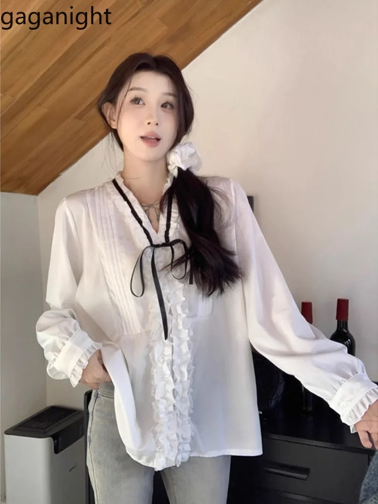Gaganight Women Shirts Sweet Elegant V Neck Bandage Bow Spring Fashion Looe Ruffles Long Sleeve Blouse Ladies Casual Tops
Gaganight Women Shirts Sweet Elegant V Neck Bandage Bow Spring Fashion Looe Ruffles Long Sleeve Blouse Ladies Casual Tops