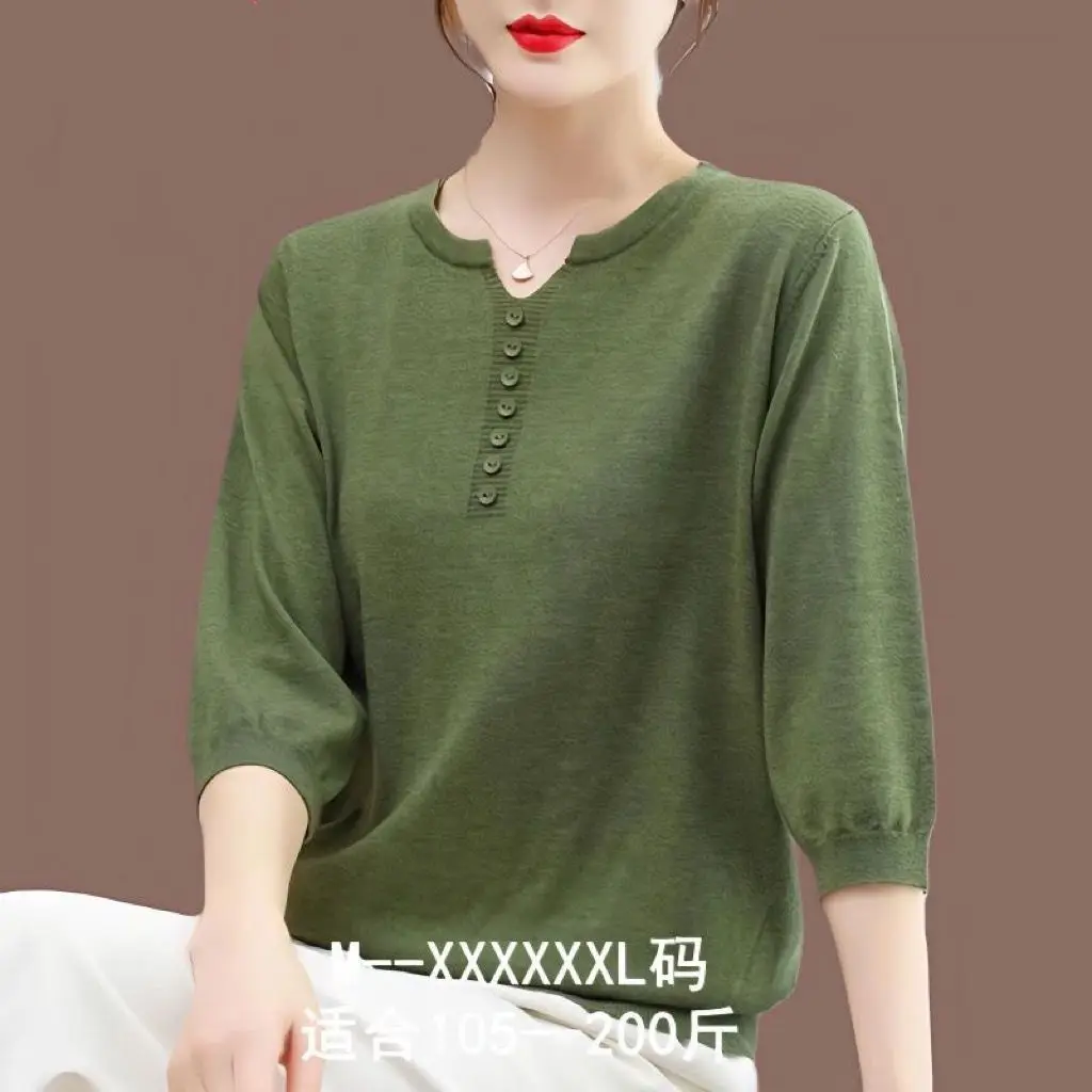 Summer New Short Sleeved Women's V-neck Solid Color Knitting Button Short Tops Pullover T-shirt Knitted Loose Top T-shirt Z68
Summer New Short Sleeved Women's V-neck Solid Color Knitting Button Short Tops Pullover T-shirt Knitted Loose Top T-shirt Z68