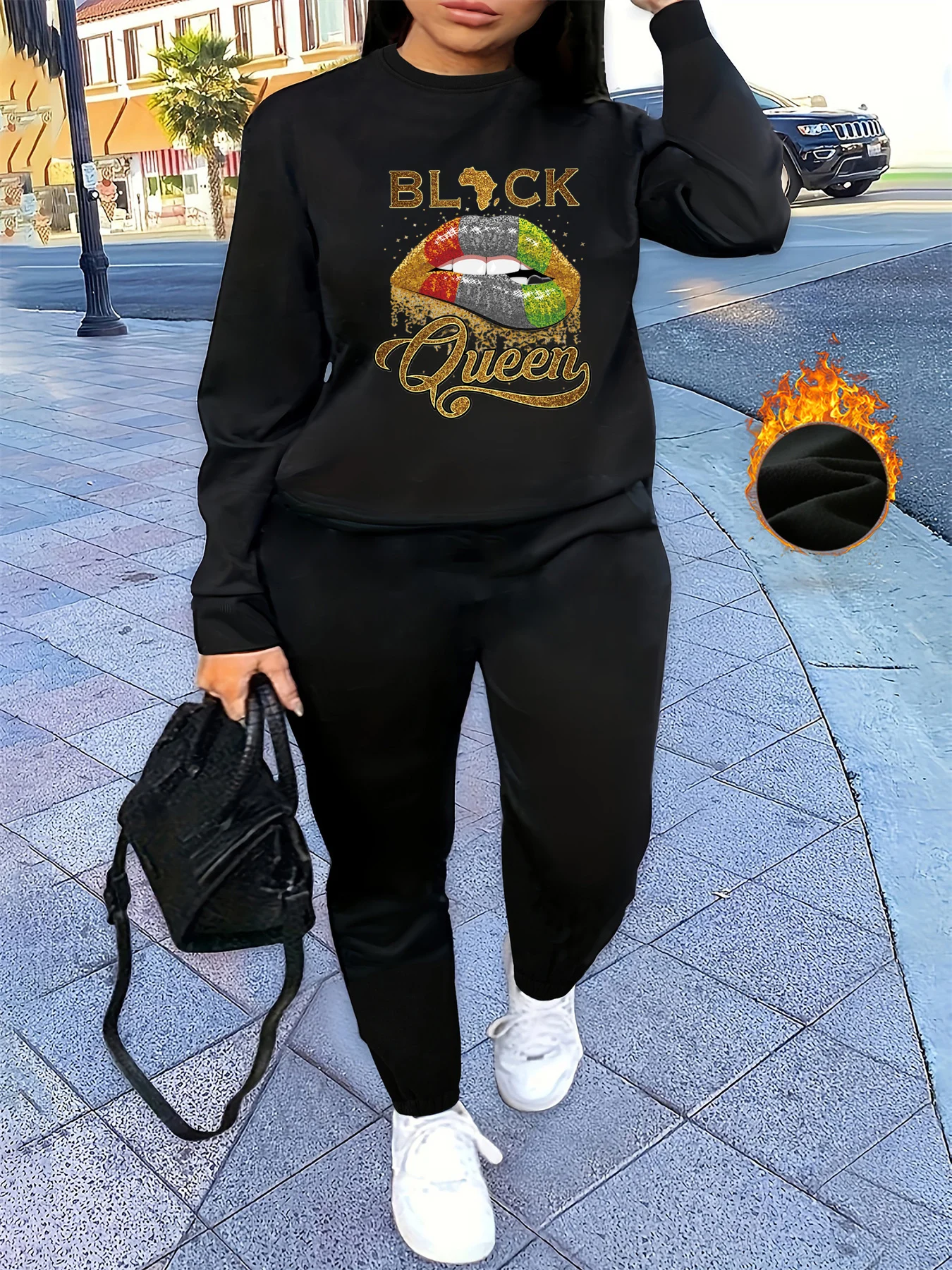 Женская осенне-зимняя повседневная спортивная рубашка с круглым вырезом и спортивными штанами в стиле хип-хоп BLACK Queen с буквенным принтом губ, теплая одежда 
Женская осенне-зимняя повседневная спортивная рубашка с круглым вырезом и спортивными штанами в стиле хип-хоп BLACK Queen с буквенным принтом губ, теплая одежда