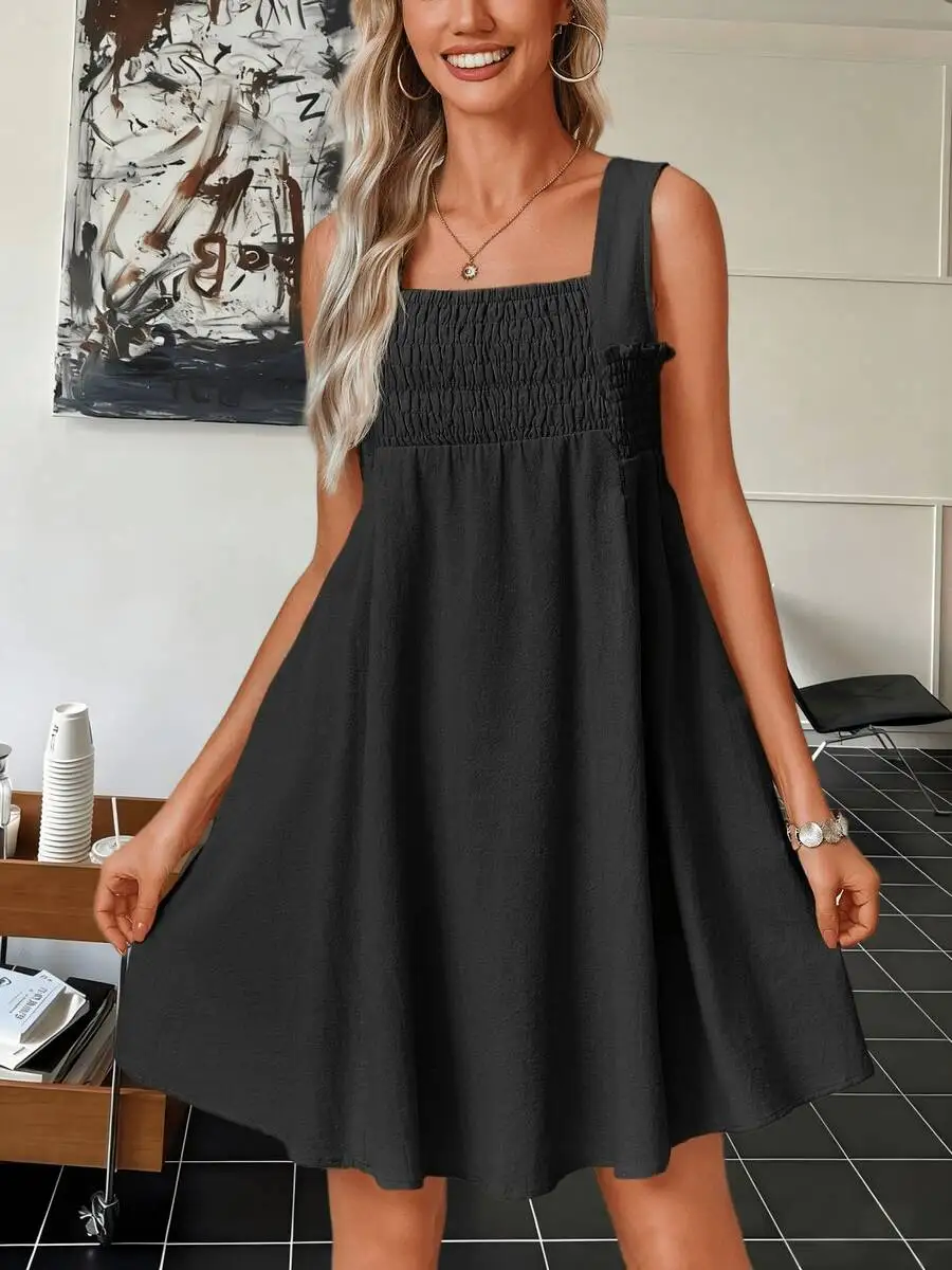 Women Summer Sleeveless Square Neck Smocked Swing Mini Dress
Women Summer Sleeveless Square Neck Smocked Swing Mini Dress