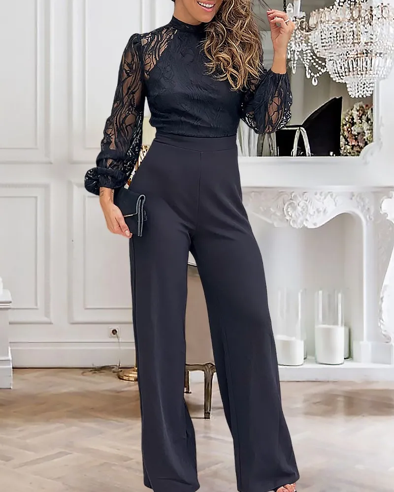 Elegant Women's Lace Stand Collar Jumpsuit Backless Straight Pants Lantern Sleeve Tied Detail Overall Fashionable Casual Rompers
Elegant Women's Lace Stand Collar Jumpsuit Backless Straight Pants Lantern Sleeve Tied Detail Overall Fashionable Casual Rompers