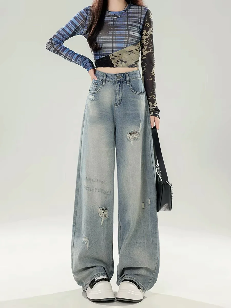 American Style Vintage Hole Denim Pants Women Summer Small Straight Leg Slimming Drapey Large Size Wide Leg Floor-Length Pants
American Style Vintage Hole Denim Pants Women Summer Small Straight Leg Slimming Drapey Large Size Wide Leg Floor-Length Pants