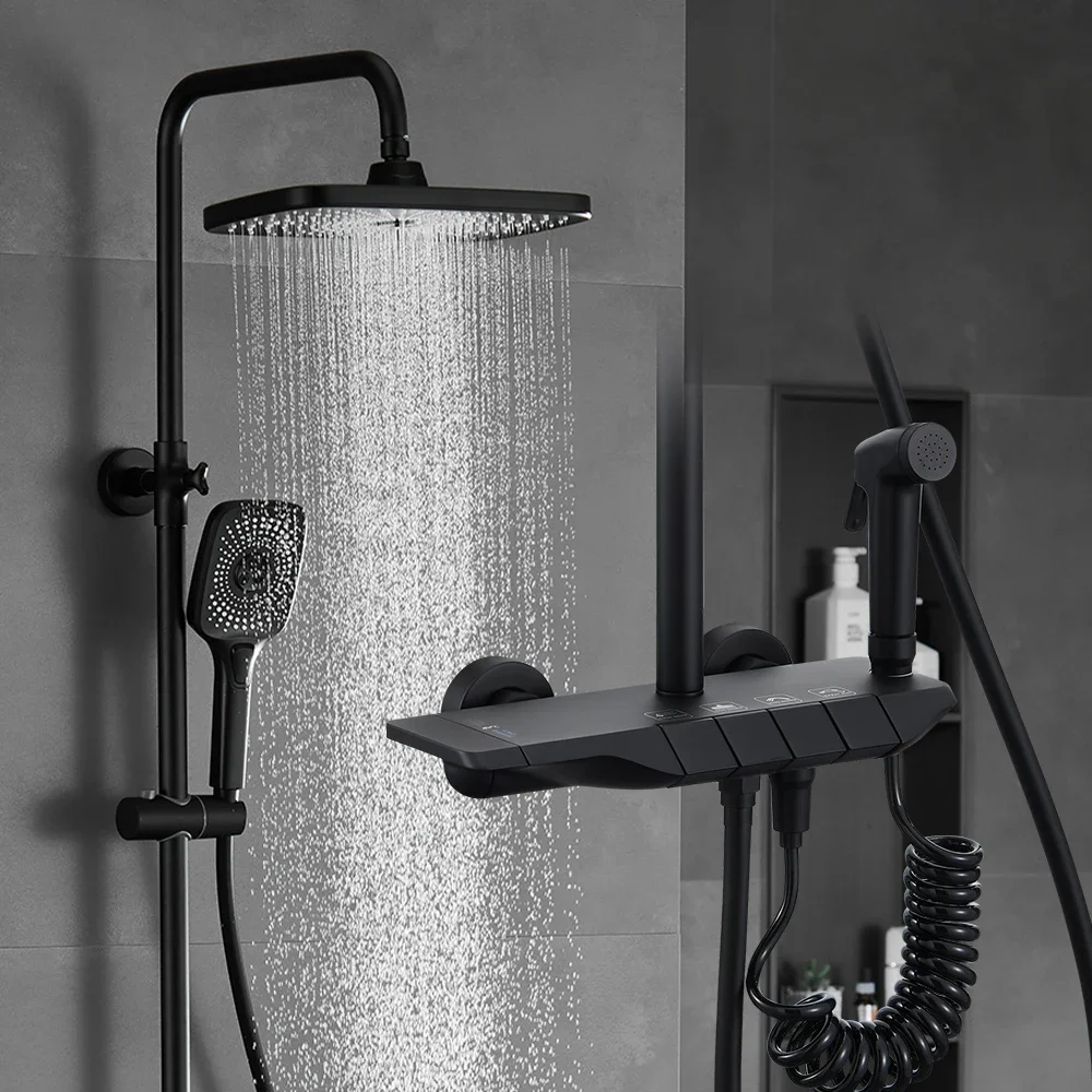 005 Black Luxury Hotel 4 Functions Rainfall Head Shower System Set Exposed Wall Mount Bathroom Rainfall Wash Piano Key Shower Se
005 Black Luxury Hotel 4 Functions Rainfall Head Shower System Set Exposed Wall Mount Bathroom Rainfall Wash Piano Key Shower Se
