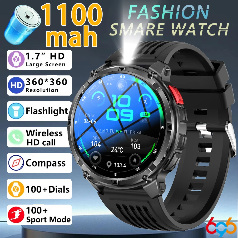 Смарт-часы с аккумулятором 1100 мАч, 1,7 дюйма, светодиодный фонарик, BT Call, уличные умные часы для мужчин и женщин, спортивный компас, монитор здоровья, водонепроницаемый 
Смарт-часы с аккумулятором 1100 мАч, 1,7 дюйма, светодиодный фонарик, BT Call, уличные умные часы для мужчин и женщин, спортивный компас, монитор здоровья, водонепроницаемый