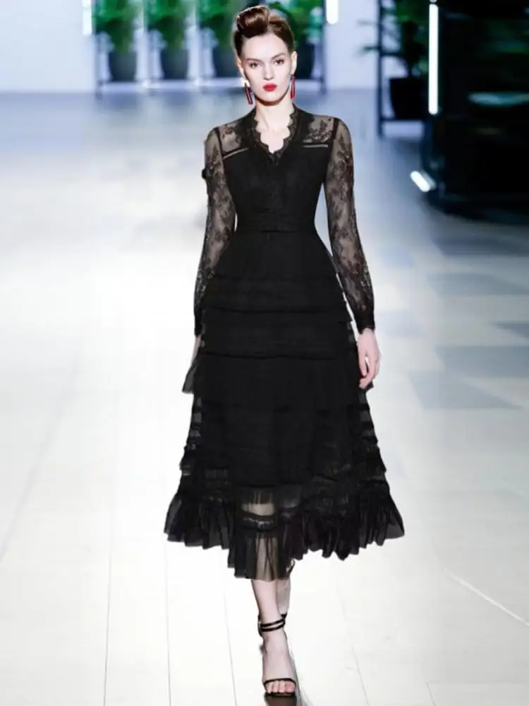 European Office Lady Lace Long Dress 2025 Spring And Summer V-Neck Floral Nail Beading Ruffles Women's Black X-Long Dresses
European Office Lady Lace Long Dress 2025 Spring And Summer V-Neck Floral Nail Beading Ruffles Women's Black X-Long Dresses