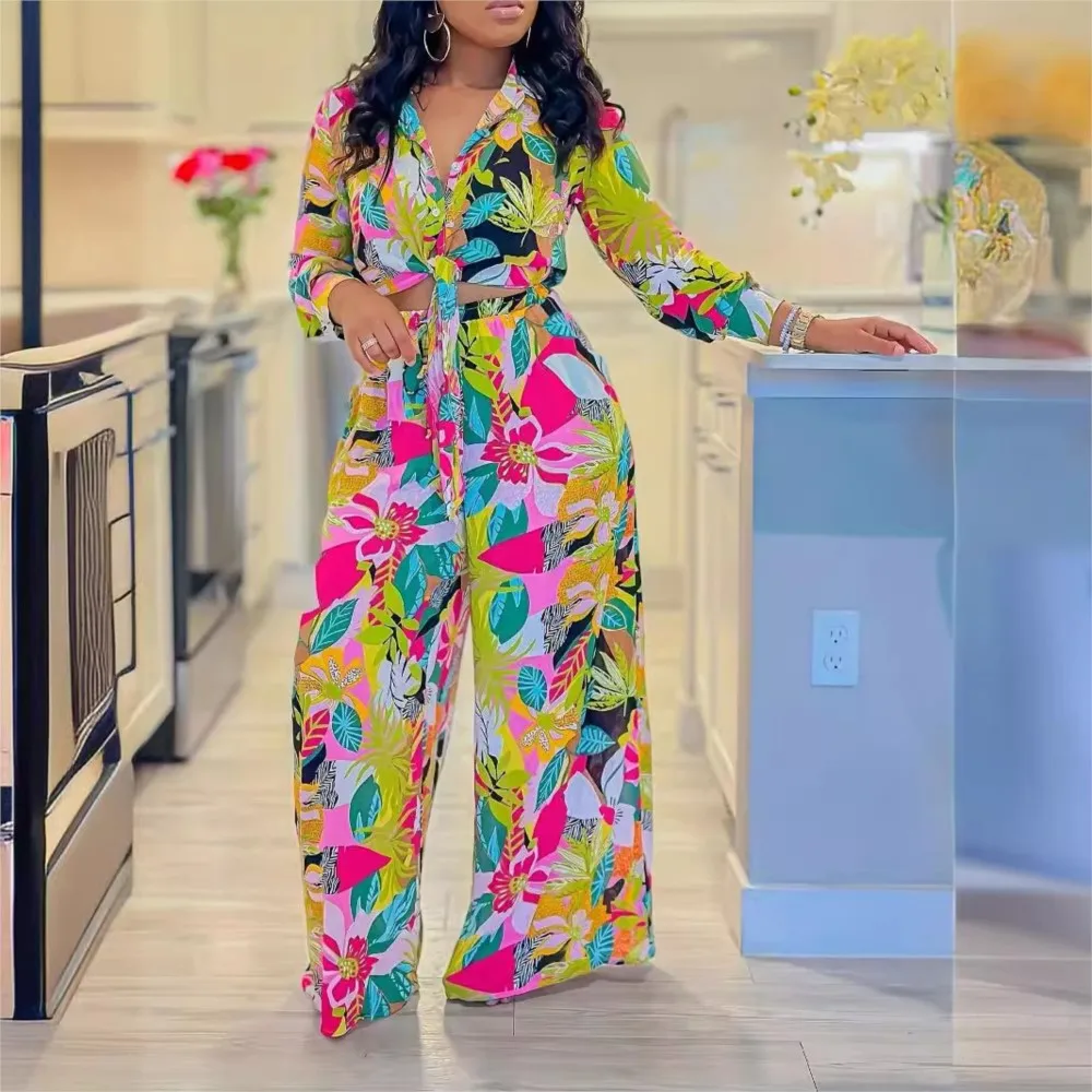 Women's Two-piece Printed Collar Lace-Up Shirt High Waist Wide Leg Pants 2PCS Fashionable Women's Two-piece Set Beachwear Outfit
Women's Two-piece Printed Collar Lace-Up Shirt High Waist Wide Leg Pants 2PCS Fashionable Women's Two-piece Set Beachwear Outfit