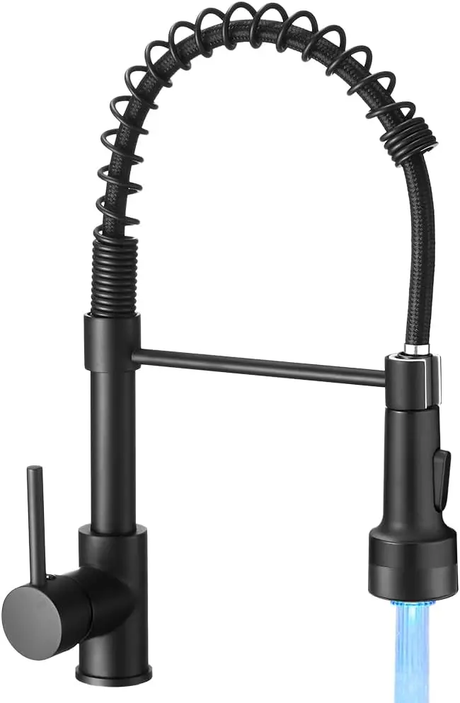 Matte Black Kitchen Faucet with Pull Down Sprayer, Spring Design, LED Light Temperature Indicator
Matte Black Kitchen Faucet with Pull Down Sprayer, Spring Design, LED Light Temperature Indicator