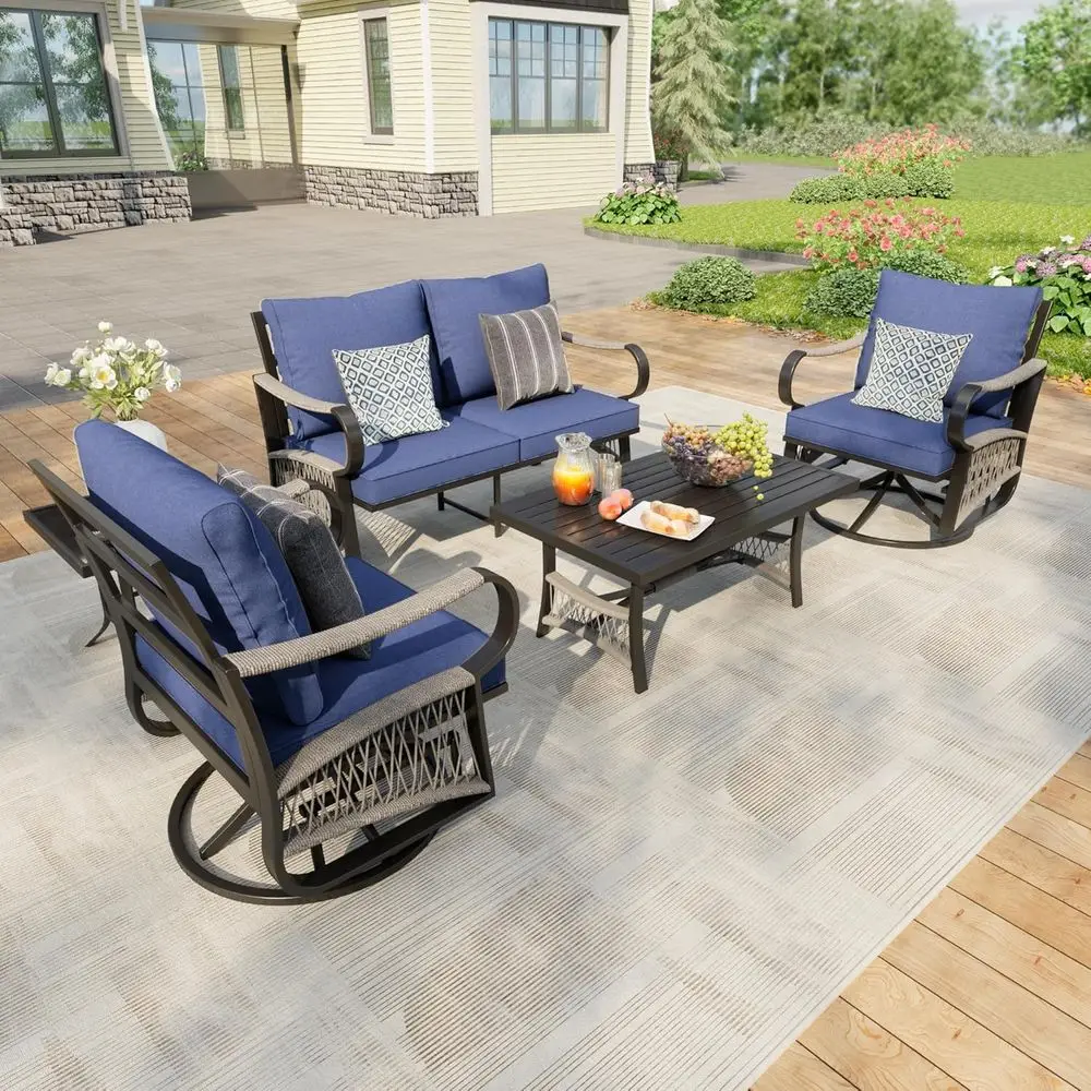 5-Piece Patio Furniture Set: Rope Swivel Chairs with Metal Sofa, Coffee Table, and Side Table (Blue Cushions)
5-Piece Patio Furniture Set: Rope Swivel Chairs with Metal Sofa, Coffee Table, and Side Table (Blue Cushions)