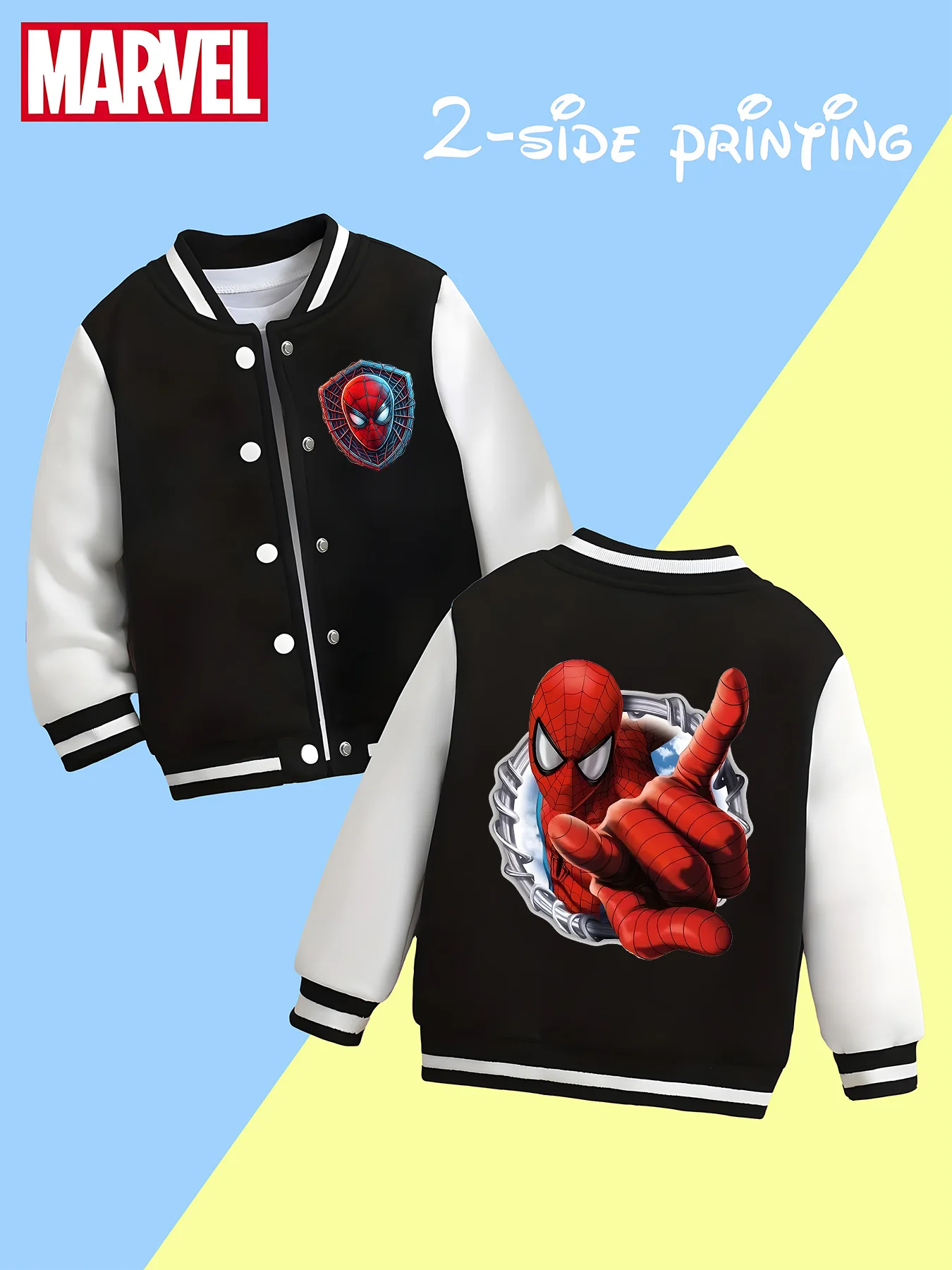 MINISO Fashionable Marvel Spider-Man Boys Baseball Jacket - Double-sided trendy print, black and white, comfortable fabric, tren 
MINISO Fashionable Marvel Spider-Man Boys Baseball Jacket - Double-sided trendy print, black and white, comfortable fabric, tren
