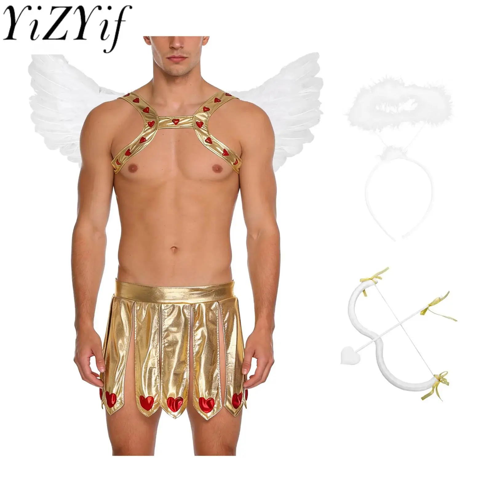 Men Halloween Ancient Roman Cupid Prince Cosplay Costumes Carnival Party Heart Print Chest Harness And Slit Skirt Role Play Sets
Men Halloween Ancient Roman Cupid Prince Cosplay Costumes Carnival Party Heart Print Chest Harness And Slit Skirt Role Play Sets