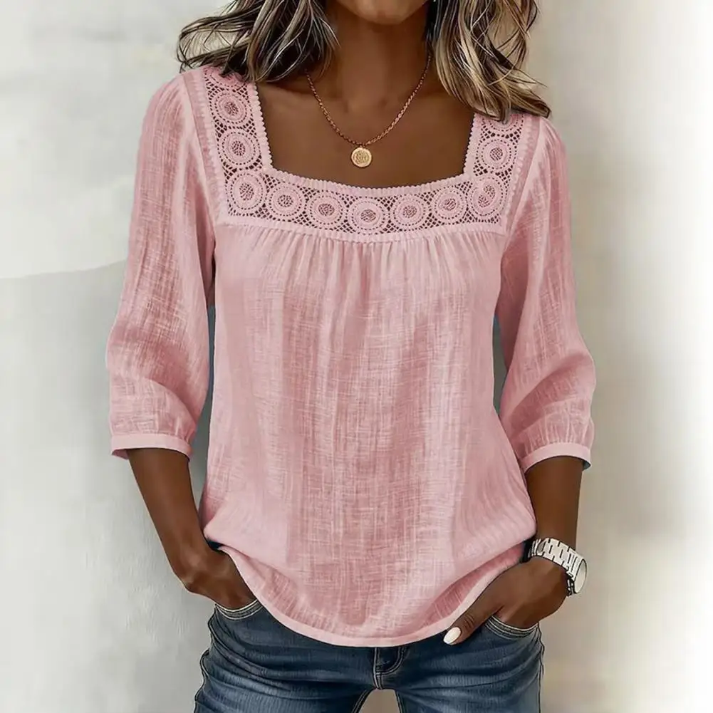 Women Shirt Square Collar 3/4 Sleeve Summer Breathable Tops Pure Color Casual Blouse Loose Fit Lace Splicing Comfortable Tops
Women Shirt Square Collar 3/4 Sleeve Summer Breathable Tops Pure Color Casual Blouse Loose Fit Lace Splicing Comfortable Tops