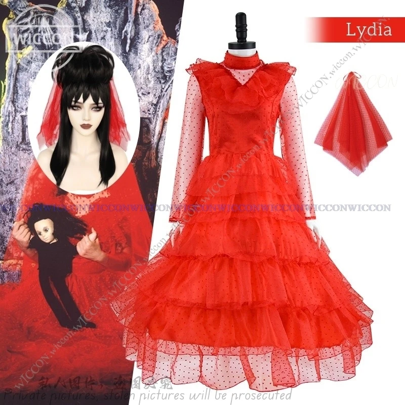 Женский костюм Lydia для косплея на Хэллоуин, Искусственный красный свадебный костюм с париком и вуалью
Женский костюм Lydia для косплея на Хэллоуин, Искусственный красный свадебный костюм с париком и вуалью