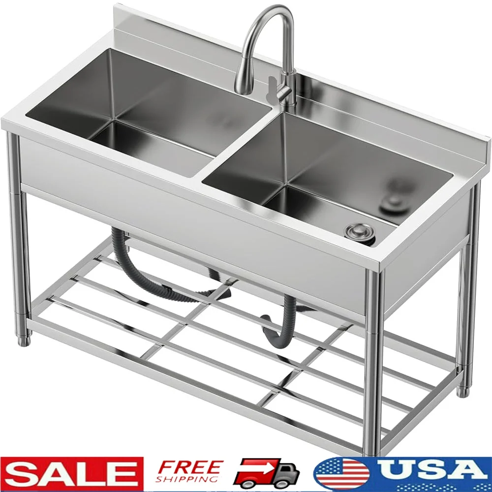 2-Compartment Stainless Steel Commercial Sink Utility Sink Double Bowl with Pull-Out Faucet Grid Shelf Adjustable Foot Pads
2-Compartment Stainless Steel Commercial Sink Utility Sink Double Bowl with Pull-Out Faucet Grid Shelf Adjustable Foot Pads