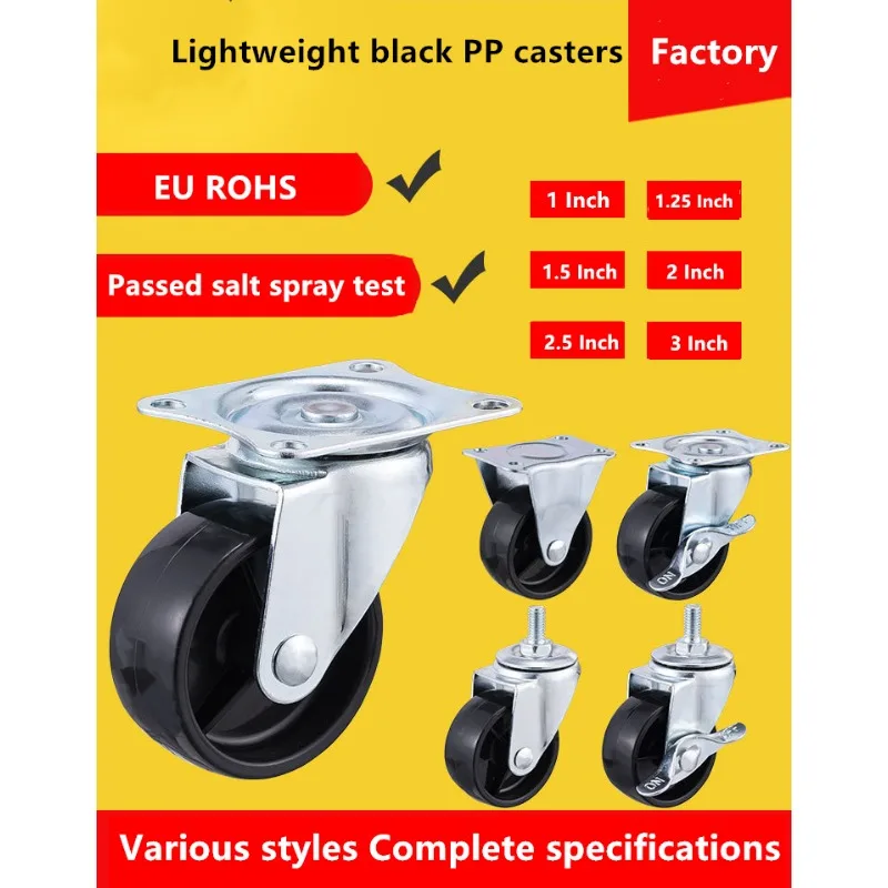 4 Pcs/Lot 2"/2.5"/3" Lightweight Black PP Casters M12 Screw Rod Universal Wheels with Brake Bearingless Plastic Black Casters
4 Pcs/Lot 2"/2.5"/3" Lightweight Black PP Casters M12 Screw Rod Universal Wheels with Brake Bearingless Plastic Black Casters