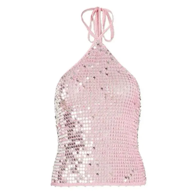 Combhasaki Women Summer Crochet Knitwear Hollowed Crop Tank Tops Shiny Sequin Sleeveless Lace-up Halter Neck Backless Vest Shirt
Combhasaki Women Summer Crochet Knitwear Hollowed Crop Tank Tops Shiny Sequin Sleeveless Lace-up Halter Neck Backless Vest Shirt