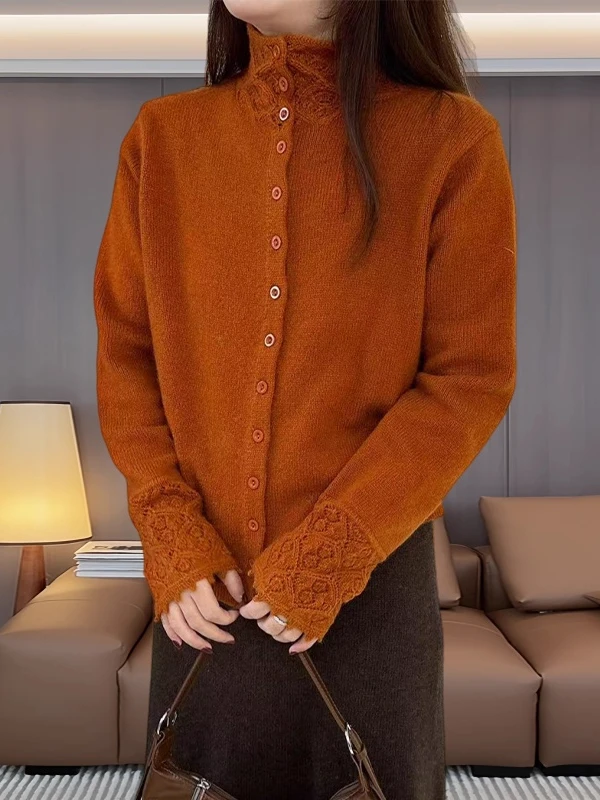 Chic Anti-Aging Soft Stand Collar Lace Sve Knitted Open Cardigan Women Autumn Winter Loose Slimming Sweater Casual Sle
Chic Anti-Aging Soft Stand Collar Lace Sve Knitted Open Cardigan Women Autumn Winter Loose Slimming Sweater Casual Sle