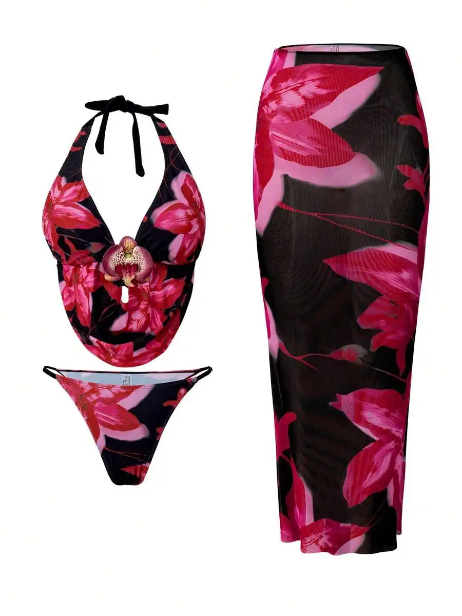 Floral Print Halter Neck Swimsuit Top Triangle Bottoms And Sarong Skirt Set
Floral Print Halter Neck Swimsuit Top Triangle Bottoms And Sarong Skirt Set