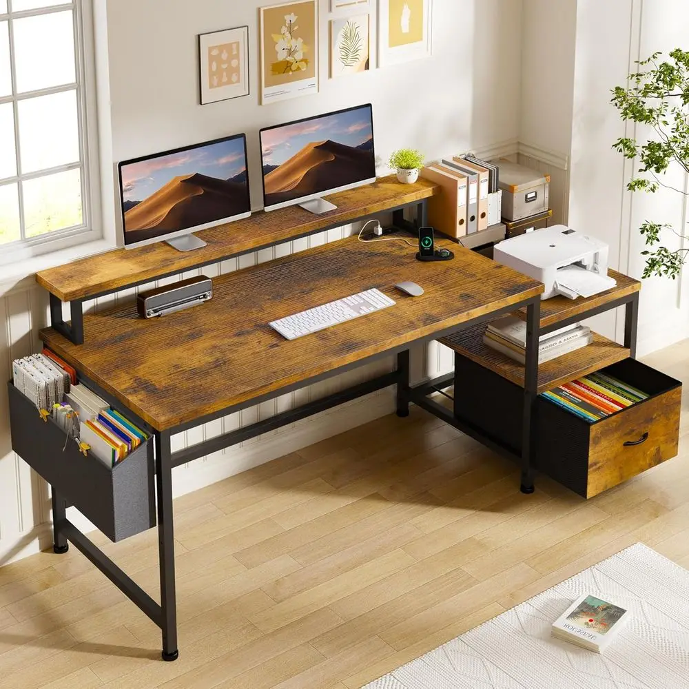 Rustic Brown 56.5 Home Office Desk with Drawers, Printer Space, Power Outlets, File Cabinet, and Monitor Stand for Study and Gam
Rustic Brown 56.5 Home Office Desk with Drawers, Printer Space, Power Outlets, File Cabinet, and Monitor Stand for Study and Gam