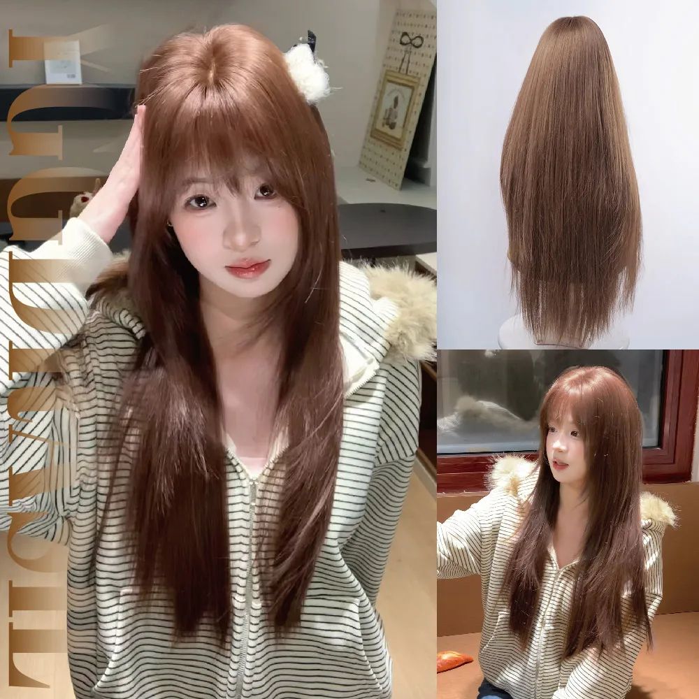 28Inch Ladylike Style Warm Honey Brown Synthetic Wigs with Bangs Long Natural Straight Hair Wig For Women Party Heat Resistant
28Inch Ladylike Style Warm Honey Brown Synthetic Wigs with Bangs Long Natural Straight Hair Wig For Women Party Heat Resistant