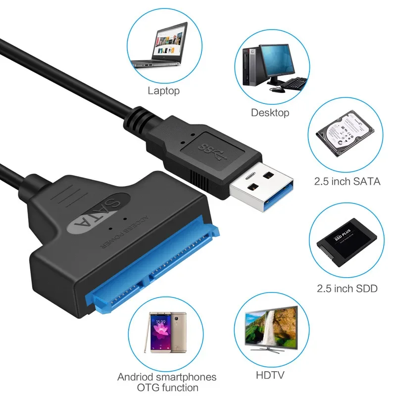 Кабель-переходник SATA-USB 2.0/3.0/ Type C SATA 3 22-контактный адаптерный шнур на 6 Гбит/с для 2,5-дюймового внешнего жесткого диска SSD
Кабель-переходник SATA-USB 2.0/3.0/ Type C SATA 3 22-контактный адаптерный шнур на 6 Гбит/с для 2,5-дюймового внешнего жесткого диска SSD