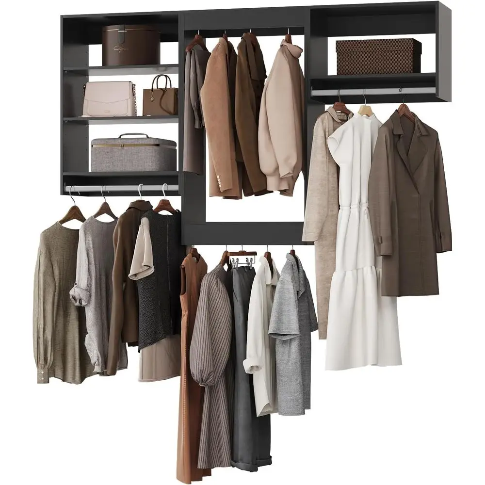 102-inch Wall-Mounted Wooden Closet Organizer with Hanging Rods, Black
102-inch Wall-Mounted Wooden Closet Organizer with Hanging Rods, Black