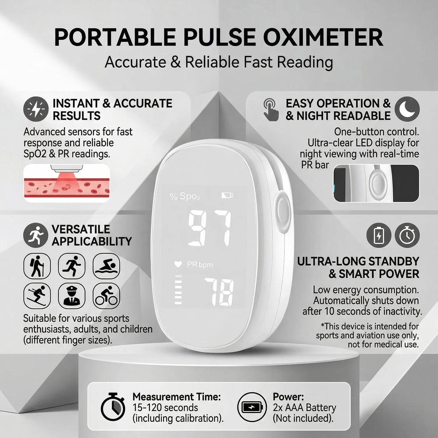 Pulse Oximeter, LED Digital Fingertip SpO2 Monitor, Portable Blood Oxygen Detector for Home Use
Pulse Oximeter, LED Digital Fingertip SpO2 Monitor, Portable Blood Oxygen Detector for Home Use