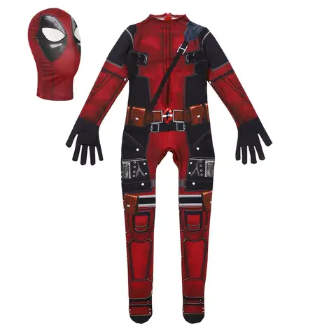Deadpool Justice Heroes Mask Jumpsuit Printed Zipper Tights Halloween Cosplay Dress Up Costumes for Kids Birthday Gift Party