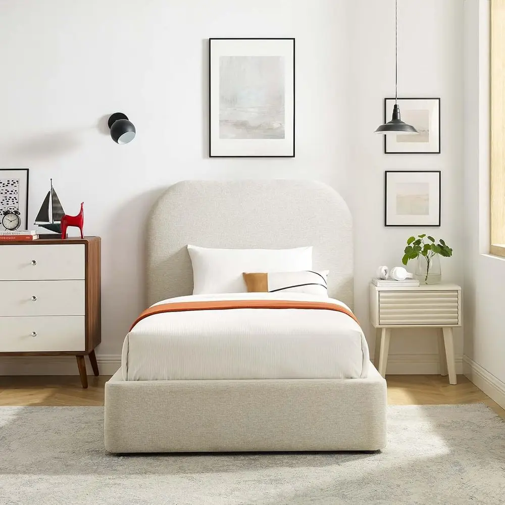 Twin Size Modern Curved Headboard Bed in Ivory Heathered Fabric, No Box Spring Needed, Platform Bed Frame
Twin Size Modern Curved Headboard Bed in Ivory Heathered Fabric, No Box Spring Needed, Platform Bed Frame