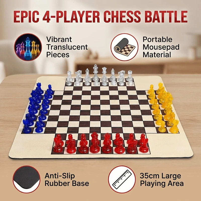 Four-Player Chess Set with 4 Color 64 PCS See-Through Pieces, a Portable Non-Slip Mousepad Board Measuring 35Cm/13.8In
Four-Player Chess Set with 4 Color 64 PCS See-Through Pieces, a Portable Non-Slip Mousepad Board Measuring 35Cm/13.8In