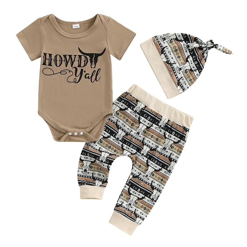 Baby Boy Outfit Letter Bull Head Print Crew Neck Short Sleeve Romper Pants with Hat 3 Pcs Set for Summer Spring Fall
Baby Boy Outfit Letter Bull Head Print Crew Neck Short Sleeve Romper Pants with Hat 3 Pcs Set for Summer Spring Fall