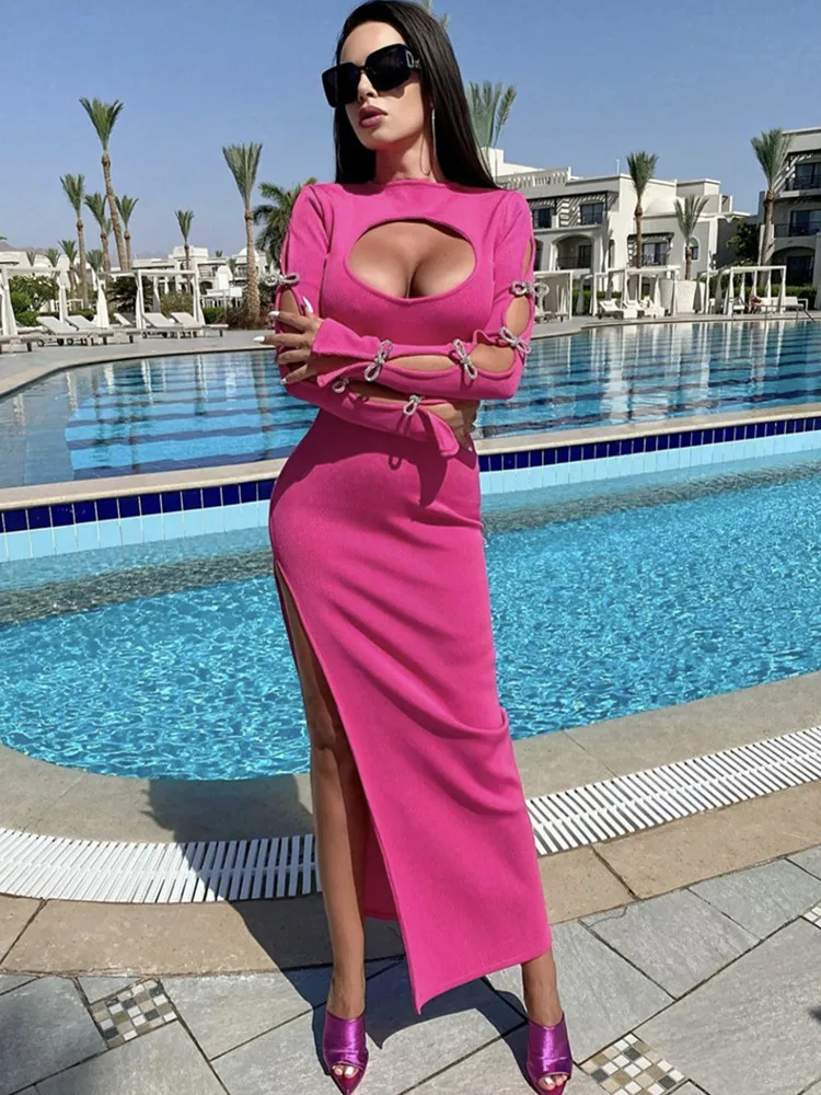 Designer Fashion Rose Long Sleeve Rib Knitted Dress for Women Feature Cut Out Split Maxi Long Celebrity Evening Party Gowns
Designer Fashion Rose Long Sleeve Rib Knitted Dress for Women Feature Cut Out Split Maxi Long Celebrity Evening Party Gowns