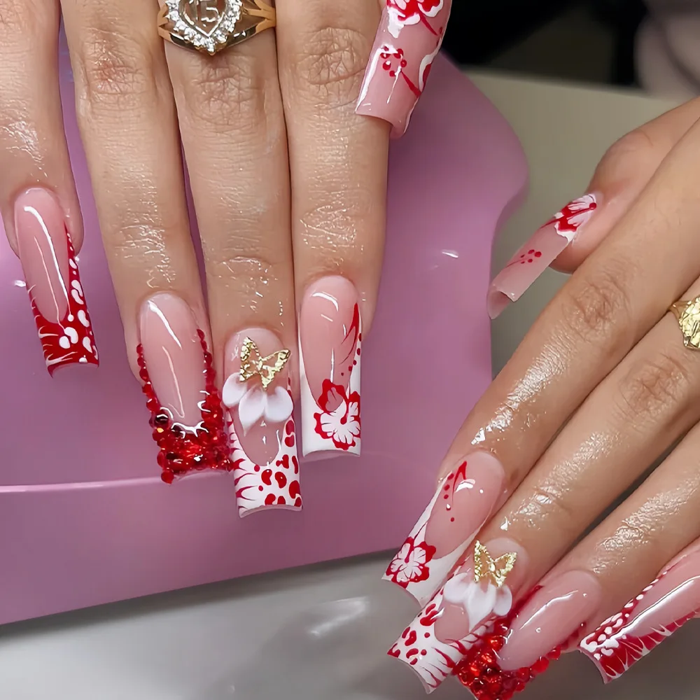 24Pcs Long Square Head Press on False Nails Red Flower Rhinestone French Fake Nail 3D Butterfly Detachable Full Cover Nails Tips
24Pcs Long Square Head Press on False Nails Red Flower Rhinestone French Fake Nail 3D Butterfly Detachable Full Cover Nails Tips