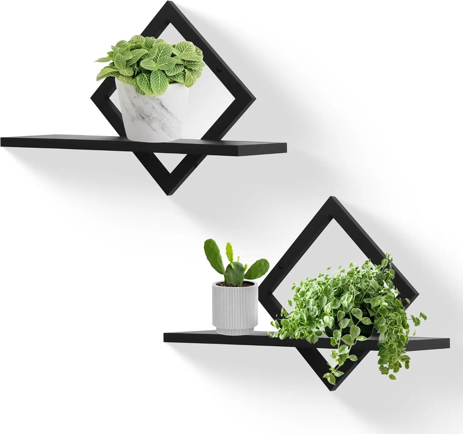 Floating Wall Shelves, Diamond Shaped, 2 Pack, Black, Solid Wood, Decorative Hanging Shelf for Plants, Storage & Display – Indoo
Floating Wall Shelves, Diamond Shaped, 2 Pack, Black, Solid Wood, Decorative Hanging Shelf for Plants, Storage & Display – Indoo
