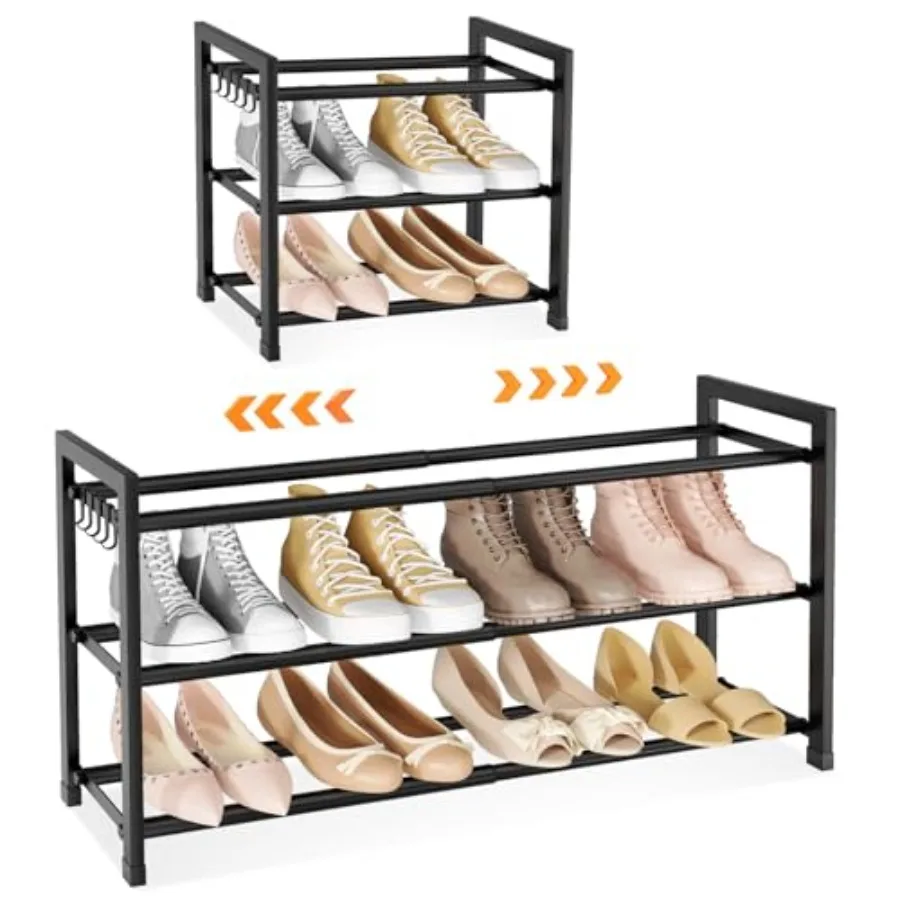 Adjustable 18"-33" Expandable Shoe Rack for Closet 12 Pairs Small Spaces 3 Tier Shoe Organizer with 5 Hooks Metal Shoe Shelf fo
Adjustable 18"-33" Expandable Shoe Rack for Closet 12 Pairs Small Spaces 3 Tier Shoe Organizer with 5 Hooks Metal Shoe Shelf fo