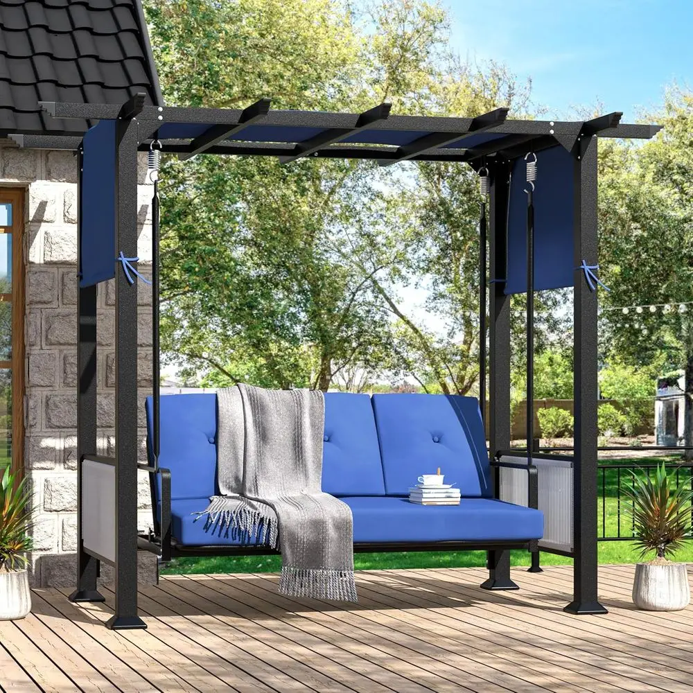 Трехместное кресло-качели с подушками, синее — уличная мебель для патио или у бассейна
Трехместное кресло-качели с подушками, синее — уличная мебель для патио или у бассейна