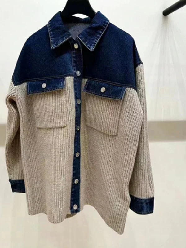 Spring Vintage Fashion Color Block Denim Knitted Collar Shirt Style Open Cardigan Outerwear Soft Woolen Long Sleeve Neck
Spring Vintage Fashion Color Block Denim Knitted Collar Shirt Style Open Cardigan Outerwear Soft Woolen Long Sleeve Neck