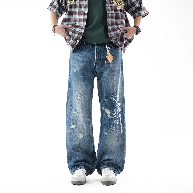 2026 Men's Motocycle Style Ripped Wide Leg Jeans Light Blue Patchwork Distressed Loose Print Denim Trousers No Accessories
2026 Men's Motocycle Style Ripped Wide Leg Jeans Light Blue Patchwork Distressed Loose Print Denim Trousers No Accessories