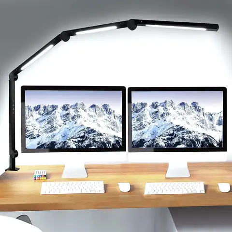 LED Desk Lamp with Clamp Flexible 4 sections Swing Arm Three light sources desk light, 4 Color Modes & 5 Brightness