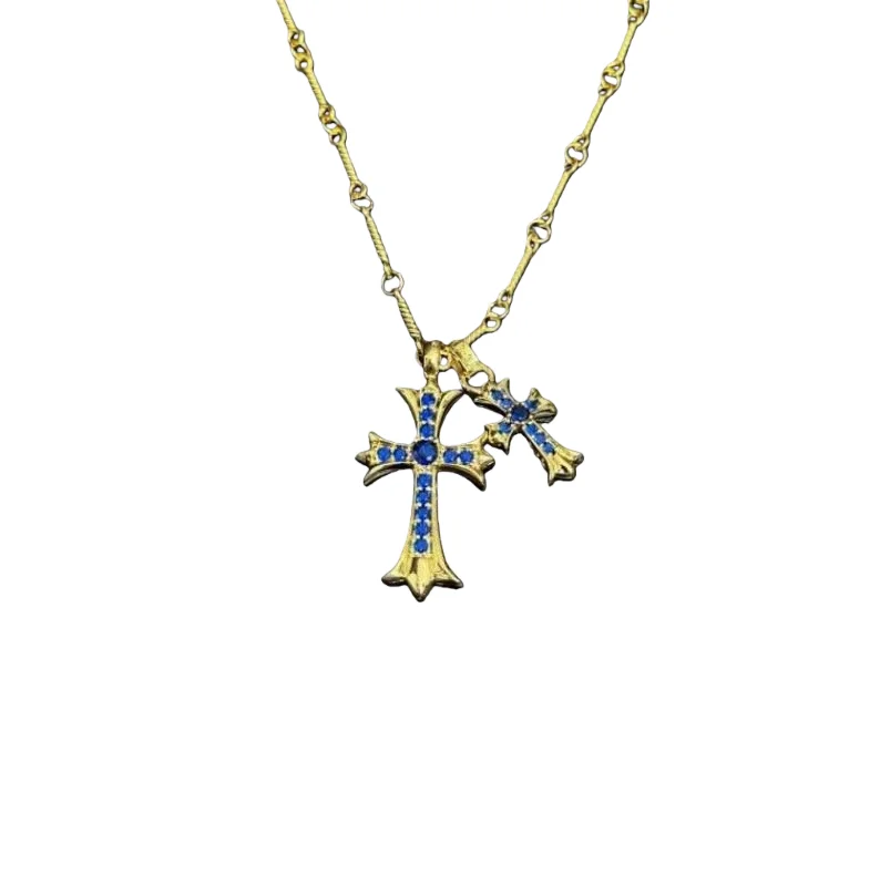 Gold-Tone Double Cross Pendant Necklace with Blue Rhinestones – Retro Luxe Gothic Statement Jewelry
Gold-Tone Double Cross Pendant Necklace with Blue Rhinestones – Retro Luxe Gothic Statement Jewelry