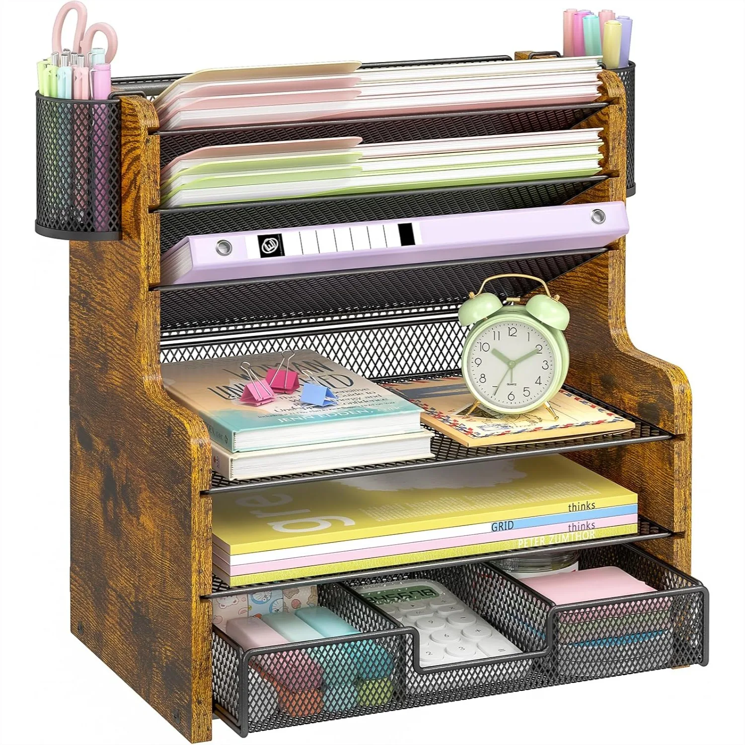 6-Tier Mesh Desk Organizer with Drawer, Wooden Office File Holder for Papers & Supplies, Space Saving Home Office Accessories
6-Tier Mesh Desk Organizer with Drawer, Wooden Office File Holder for Papers & Supplies, Space Saving Home Office Accessories