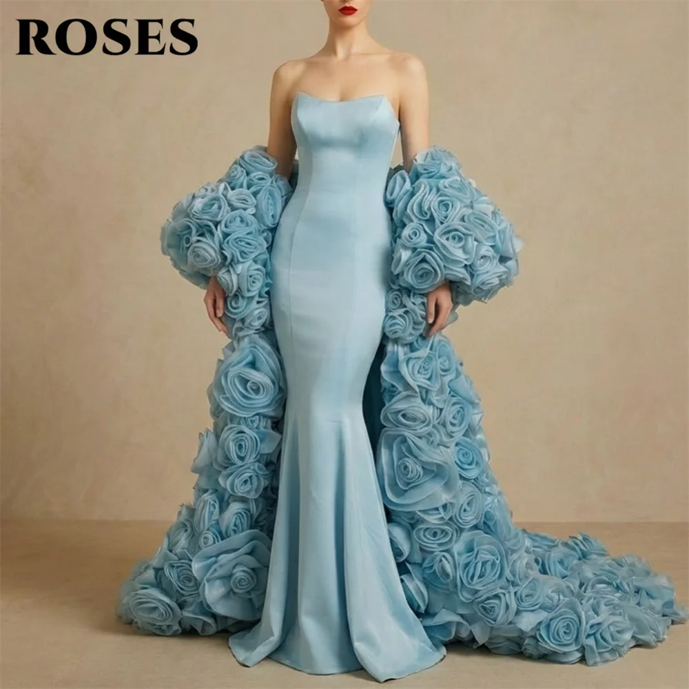 ROSES Light Blue Evening Dress Strapless Satin Party Dress with 3D Floral Train vestidos de fiesta Mermaid Prom Gowns Customized
ROSES Light Blue Evening Dress Strapless Satin Party Dress with 3D Floral Train vestidos de fiesta Mermaid Prom Gowns Customized