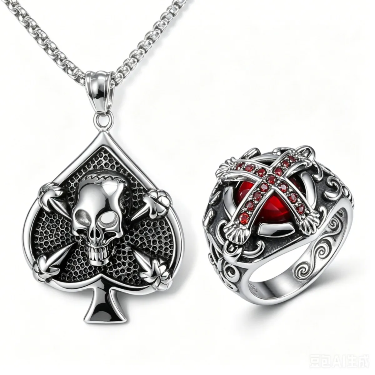 Men's Gothic Punk Jewelry Set, Stainless Steel Spade Skull Pendant Necklace & Red Crystal Cross Ring, Biker Accessories
Men's Gothic Punk Jewelry Set, Stainless Steel Spade Skull Pendant Necklace & Red Crystal Cross Ring, Biker Accessories