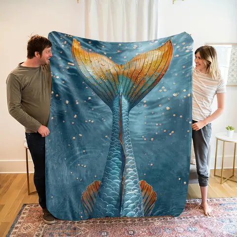 1pc Mermaid Tail Blanket - Luxury Oceanic Design in Turquoise Blue, Golden & Teal - Soft Flannel-like Texture - Machine Washable