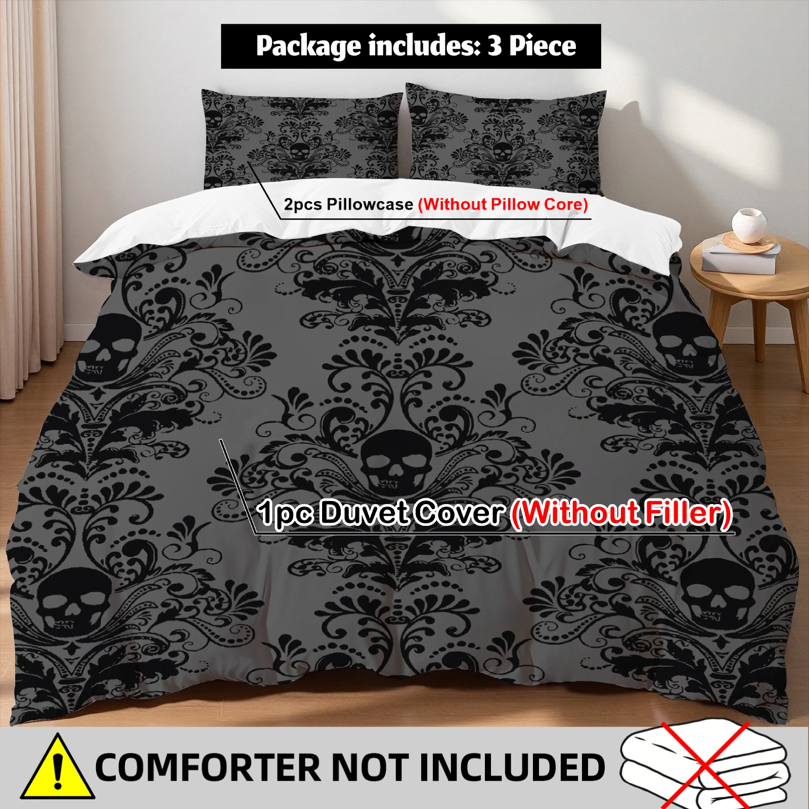 Skull Damask Duvet Cover Set 3Pcs Grey Black Gothic Print Gothic Bedding 2 Pillowcases No Comforter Breathable Twin Queen King
Skull Damask Duvet Cover Set 3Pcs Grey Black Gothic Print Gothic Bedding 2 Pillowcases No Comforter Breathable Twin Queen King