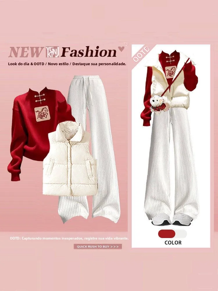 Winter New Chinese Style National Trend Cotton Suit Vest Year of Birth Red Sweater Slimming Casual Wide Leg Pants Three Piece...
Winter New Chinese Style National Trend Cotton Suit Vest Year of Birth Red Sweater Slimming Casual Wide Leg Pants Three Piece...