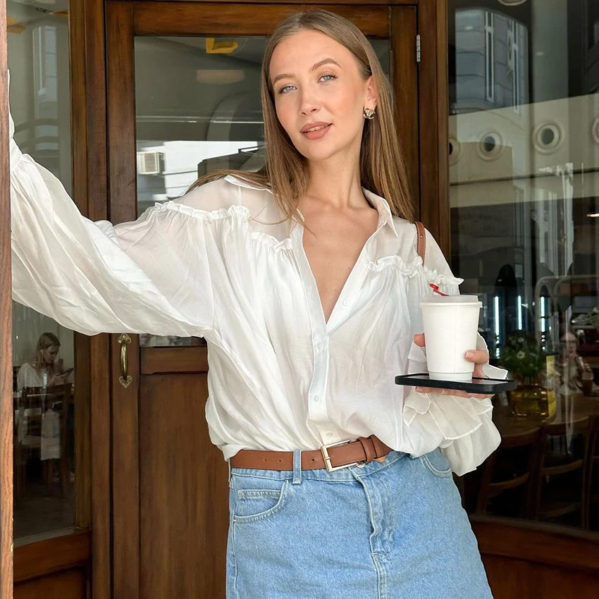 Linad Street Chic White Sheer Ruffles Woman Blouse Casual Flare Sleeve Shirts Office Lady Solid Single-Breasted Top 2025 Autumn
Linad Street Chic White Sheer Ruffles Woman Blouse Casual Flare Sleeve Shirts Office Lady Solid Single-Breasted Top 2025 Autumn