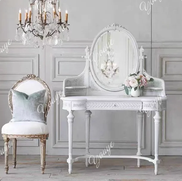French retro solid wood carving flower white rattan art dresser American bedroom curved old dressing table can be customized
French retro solid wood carving flower white rattan art dresser American bedroom curved old dressing table can be customized